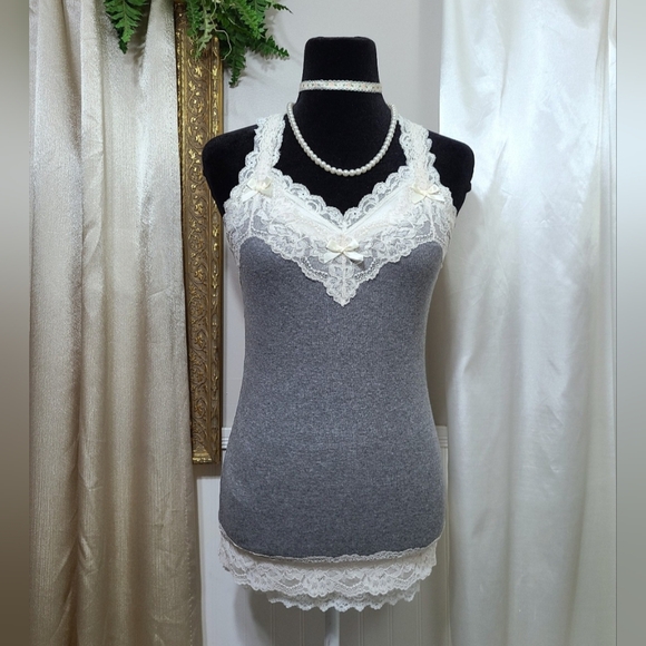 ♡ Y2K ♡ Abercrombie Grey & Cream Lace Cami Satin Ribbon Bows Tank Top - Picture 1 of 9